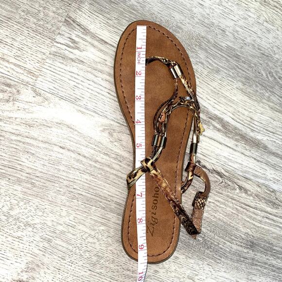 Zigzsoho Brown Leather Embellished T-Strap Sandals with Gold & Pearl Details - Picture 9 of 9